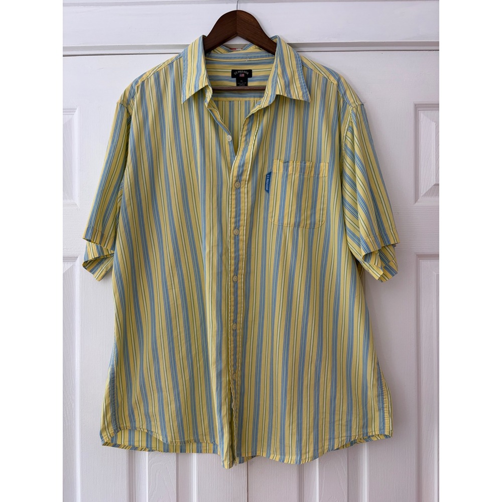 US Polo Assn Mens XL Short Sleeve Button Down Shirt Yellow Blue Striped Cotton